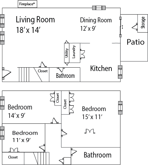Floor plan for 3 beds, 1.5 baths, 1200 sqft